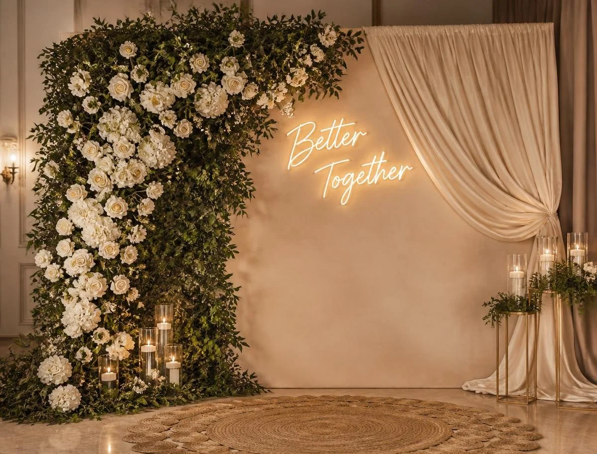 Elegant backdrop with a floral arrangement of white roses and hydrangeas, surrounded by greenery, with candles in glass holders and a neon sign that says 'Better Together' on a beige wall with draped curtains.