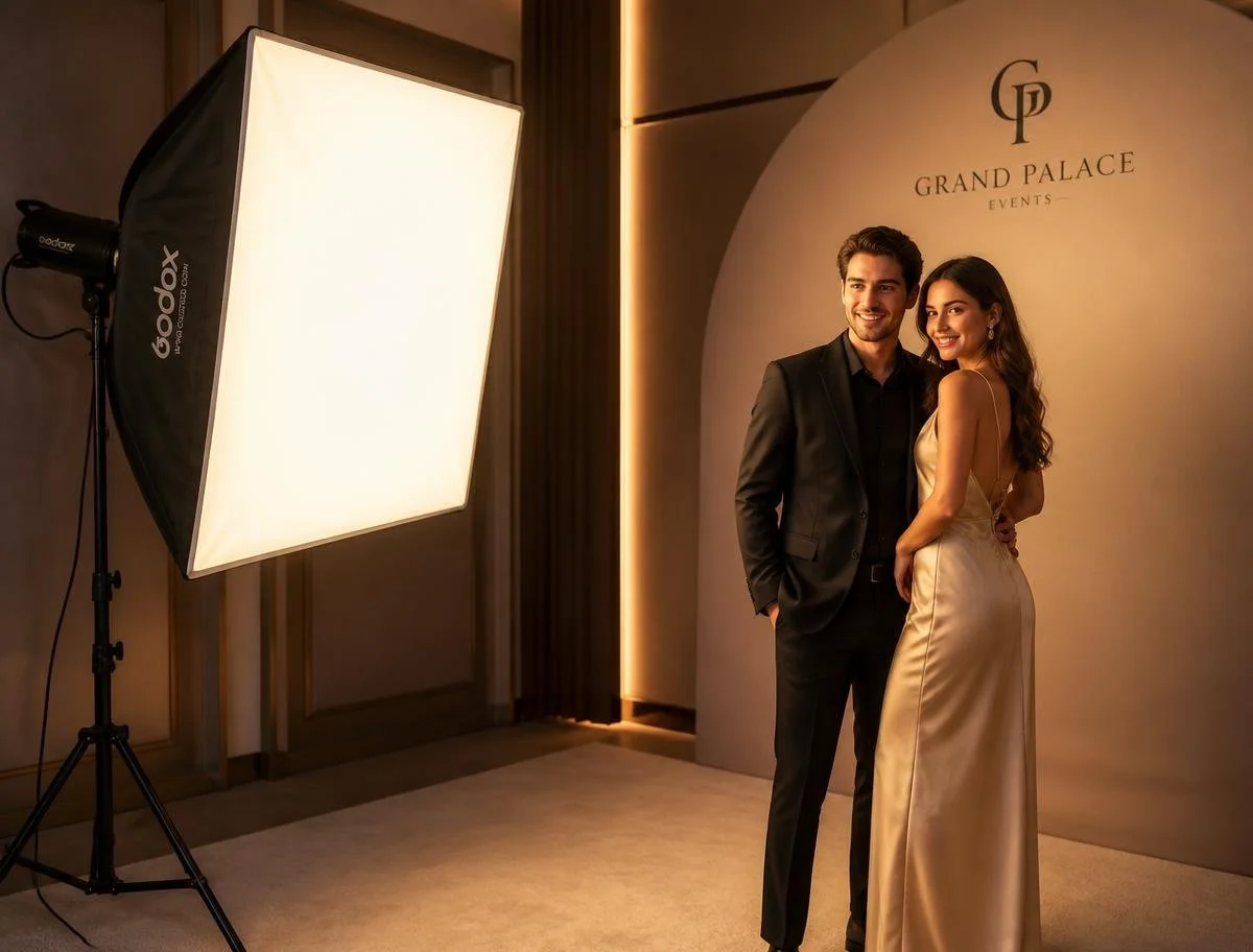 A man and woman in formal attire posing for a photo in front of a backdrop with 'Grand Palace Events' logo, with professional lighting equipment nearby.