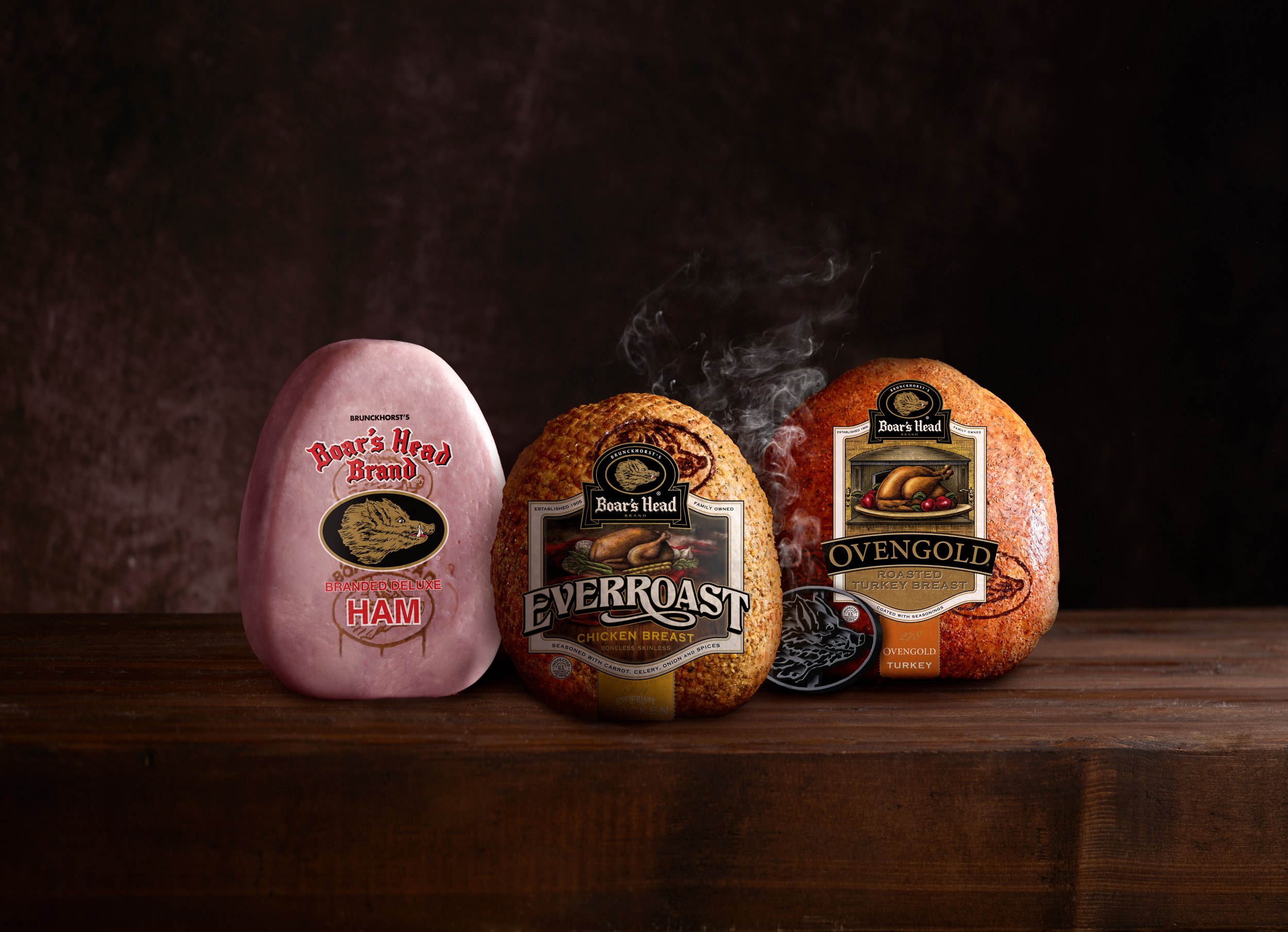 Boar's head branded deluxe ham, Everroast chicken breast, and Ovengold roasted turkey breast