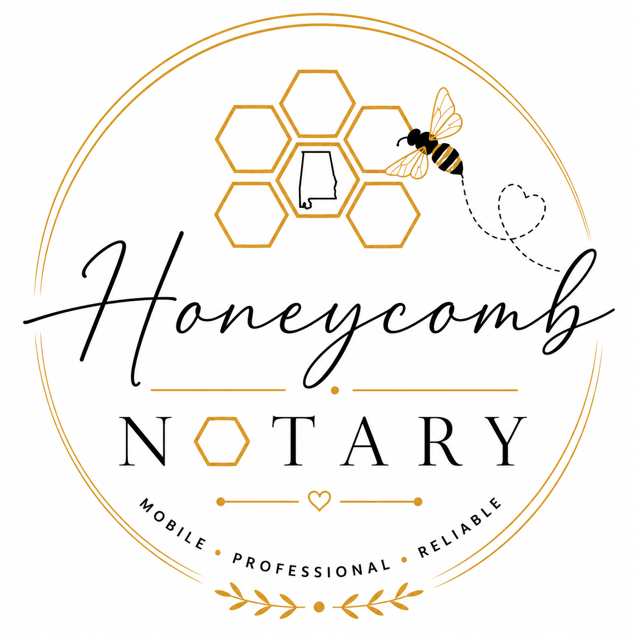 Logo for Honeycomb Notary featuring a honeycomb and a bee, with the text 'Honeycomb Notary', and words 'Mobile, Professional, Reliable' underneath.