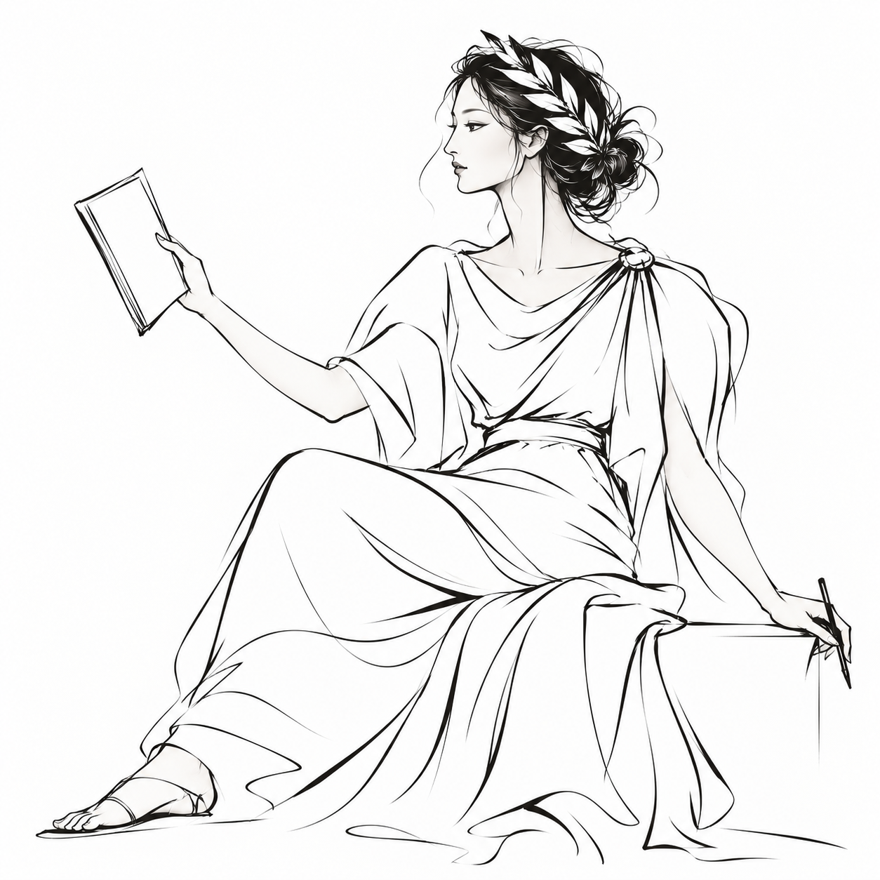 Line illustration of a muse in classical Greek drapery and a laurel wreath, holding an open book and stylus