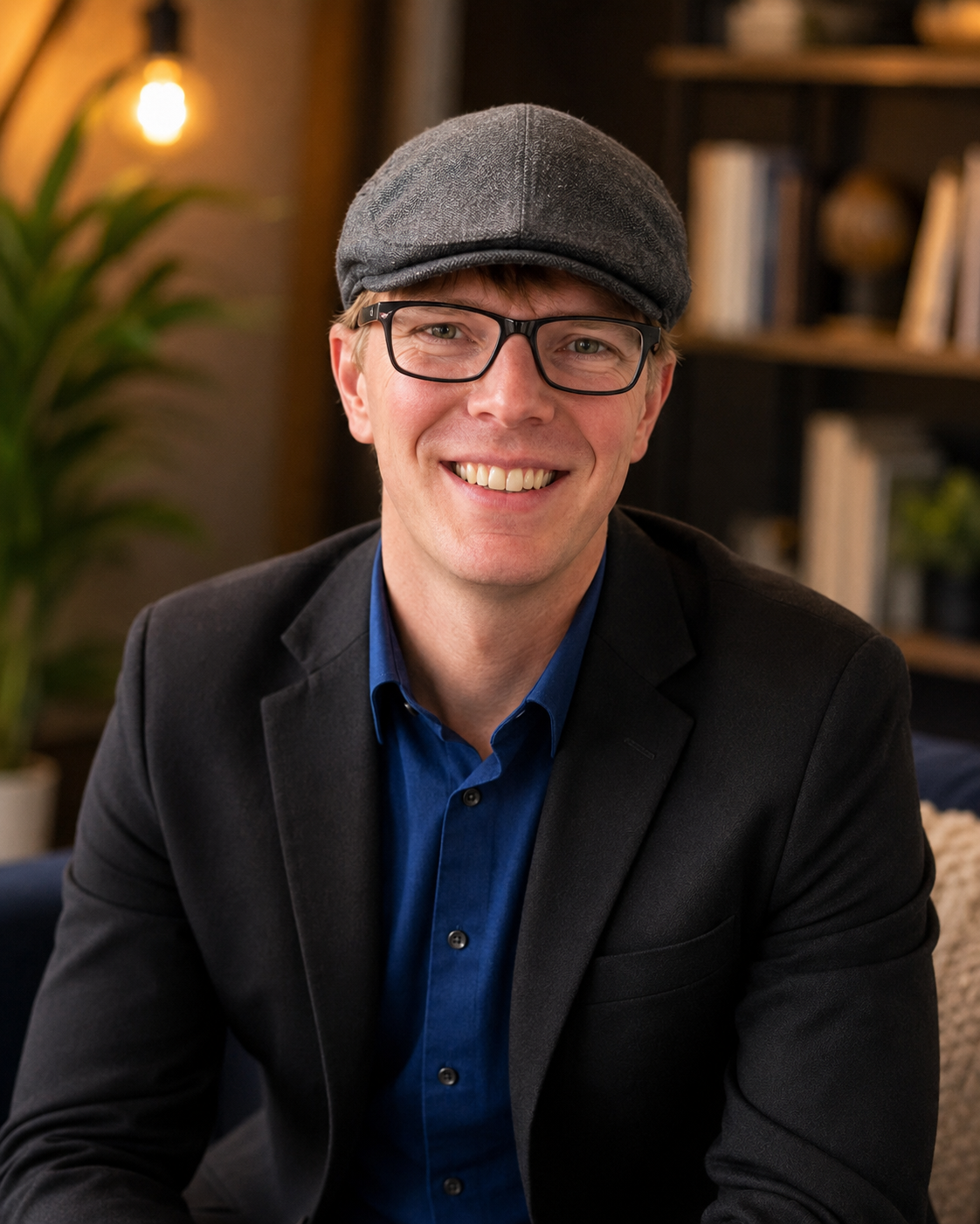 Dr. C. Kyle Rudick, PhD, sitting in a black sport coat and blue shirt, sitting in front of a bookshelf, ready to coach academics on getting their research published, or to speak motivationally to groups of faculty and graduate students.