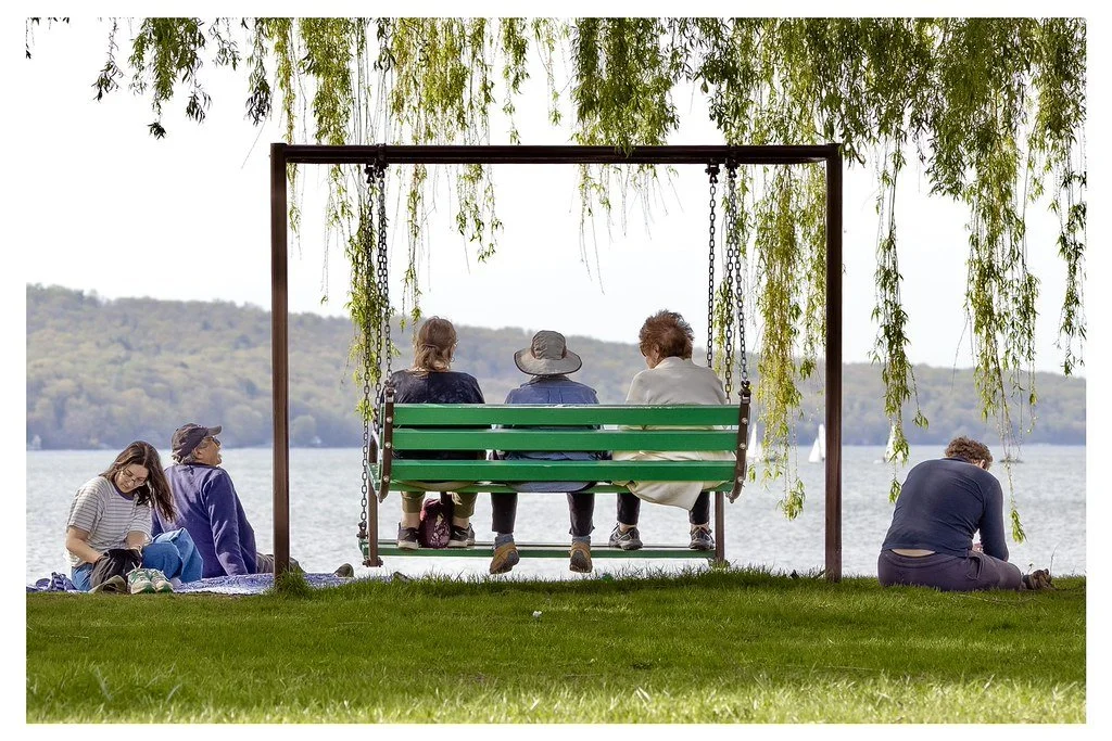 Visitors relax on a swing bench under a weeping willow at Stewart Park in Ithaca, New York, enjoying the afternoon sunshine along Cayuga Lake. 