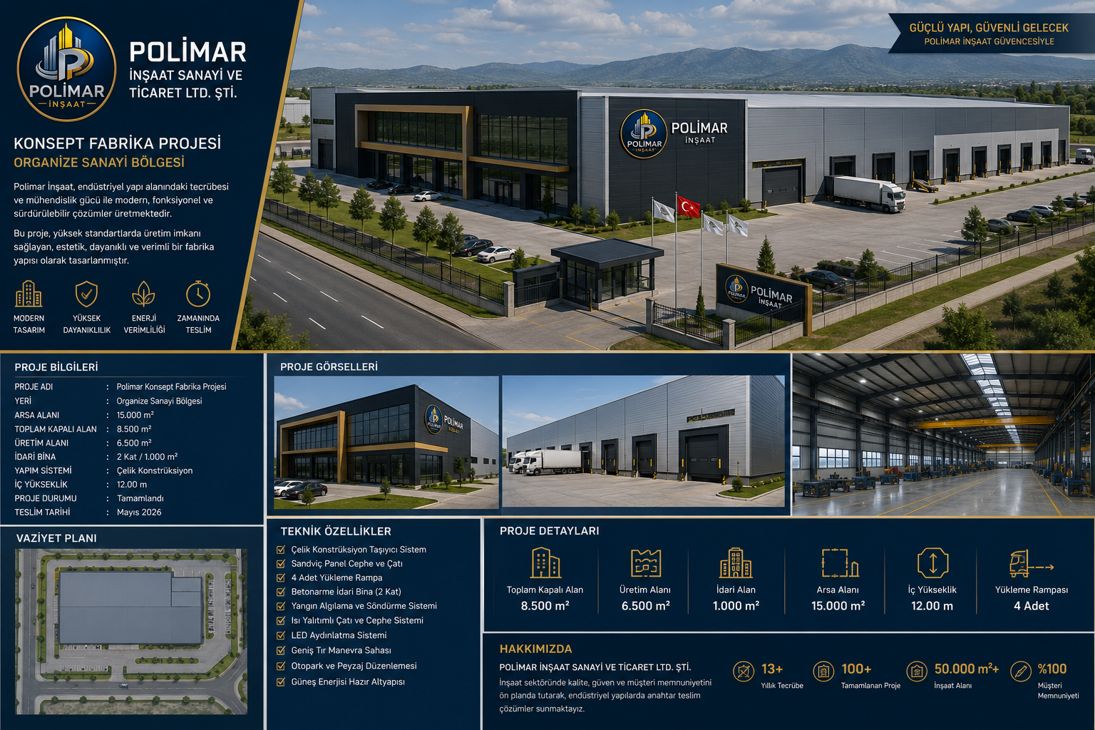 Konsept Fabrika Projesi – Organize Sanayi Bölgesi

Proje Durumu: Konsept Tasarım

Bu çalışma, POLİMAR İNŞAAT'ın endüstriyel yapı çözümlerine yönelik tasarım ve mühendislik yaklaşımını sergilemek amacıyla hazırlanmış örnek bir konsept projedir.

Tekni