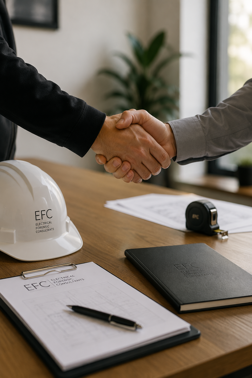 Two individuals shaking hands over an office desk with documents, a hard hat labeled EFC, a tape measure, a notebook, and a pen, indicating a business or professional agreement.