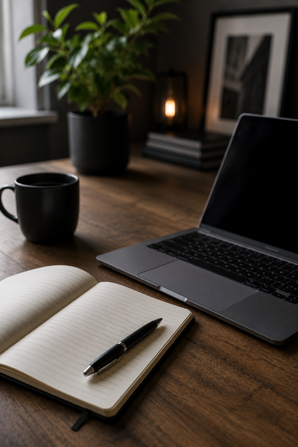 A workspace with an open notebook and a pen, a laptop, a black mug, a potted plant, and a framed picture on a wooden desk.