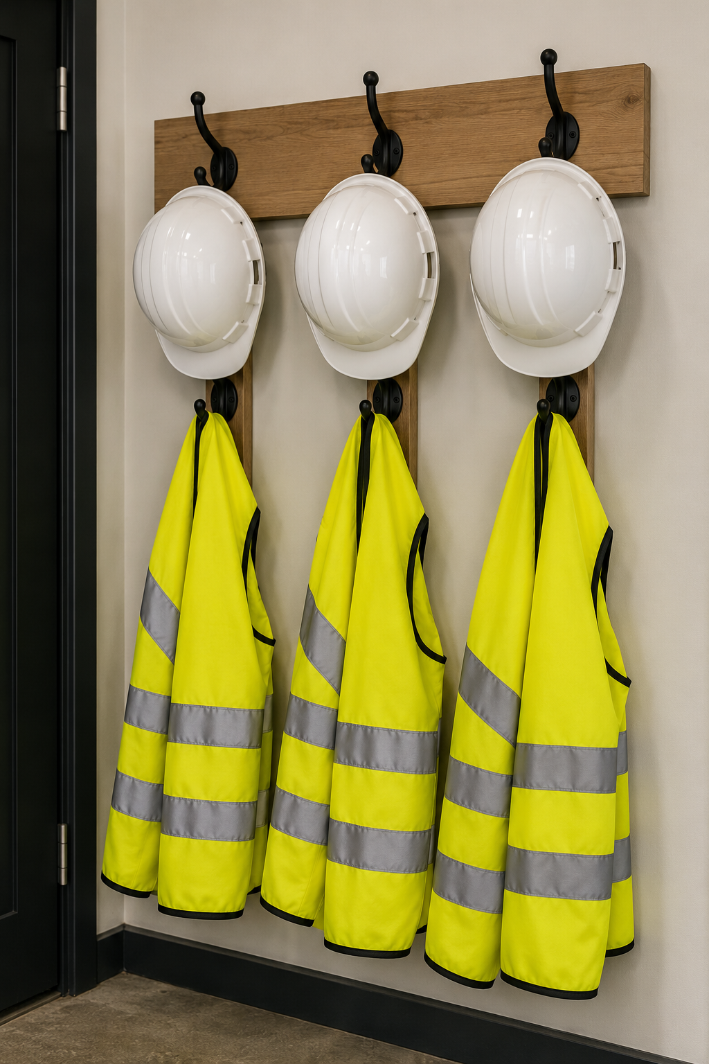 Three white safety helmets hung on hooks above three yellow reflective safety jackets on a wall-mounted wooden board.