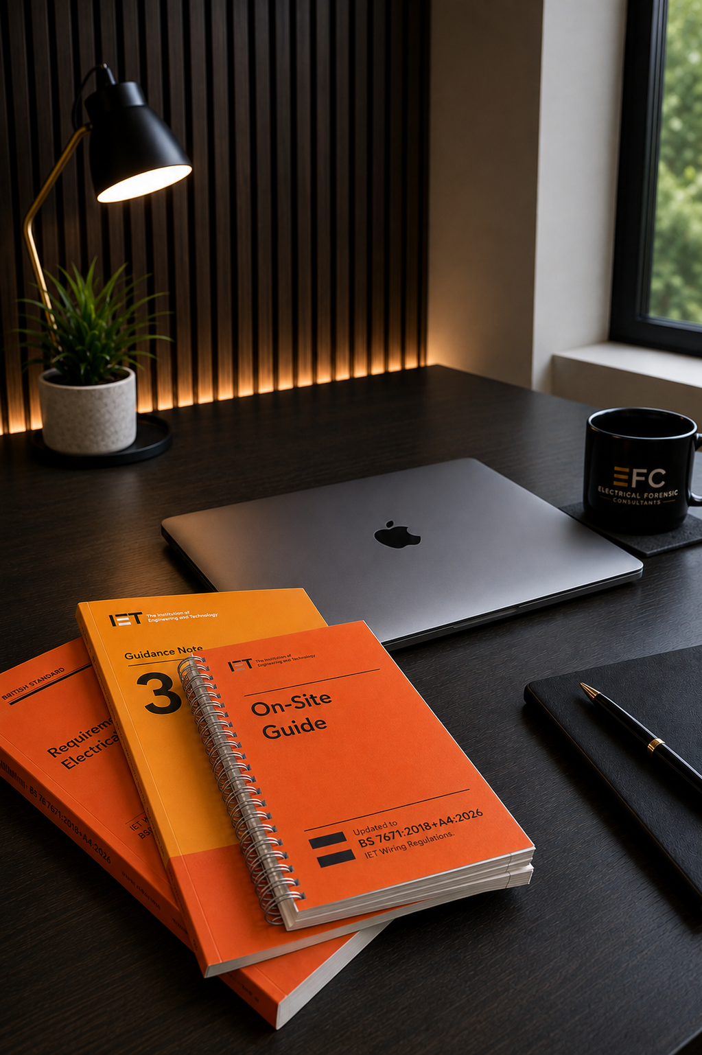 A desk workspace with a closed MacBook, orange and yellow work manuals, a black pen, a black coffee mug labeled 'Electrical Forensic Consultants,' a small potted plant, a desk lamp, and a black notepad. The background features a window with greenery outside.