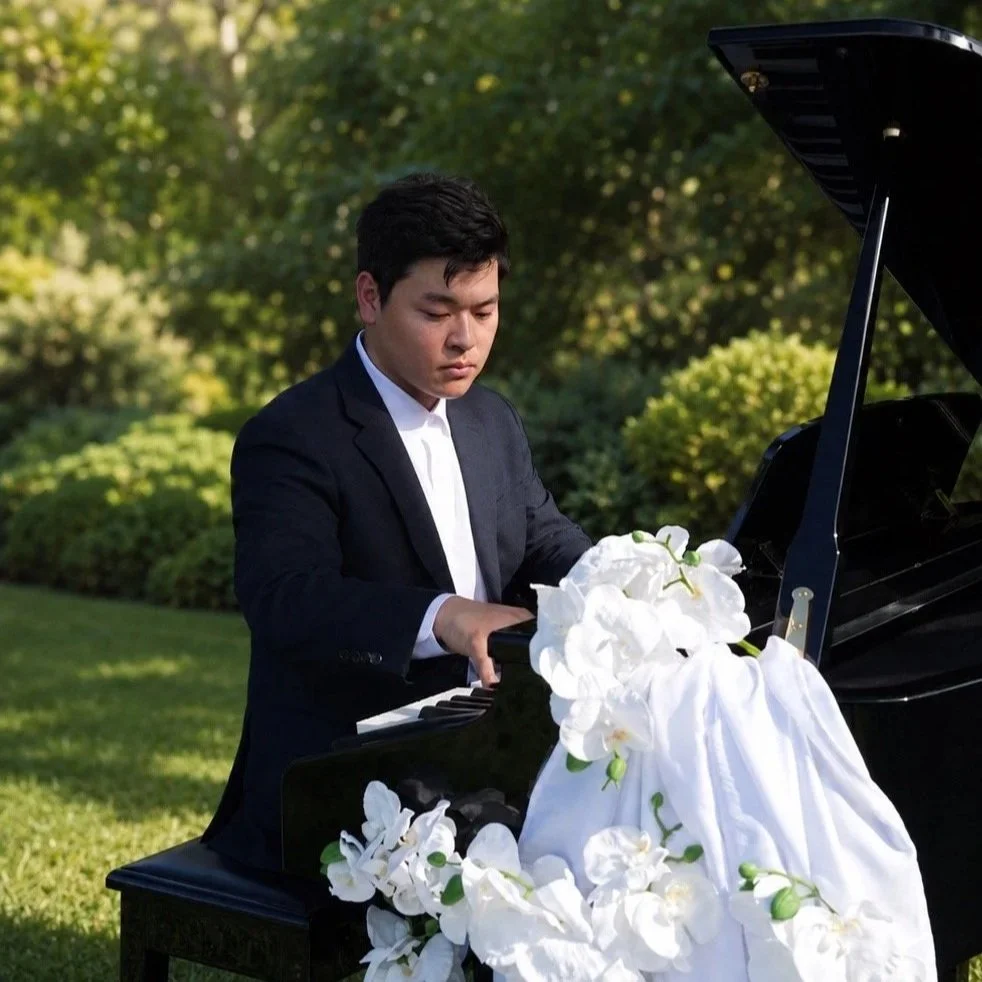 Young man in tuxedo with bow tie smiling outdoors on a sunny day, with a house, trees, and parked cars in the background.