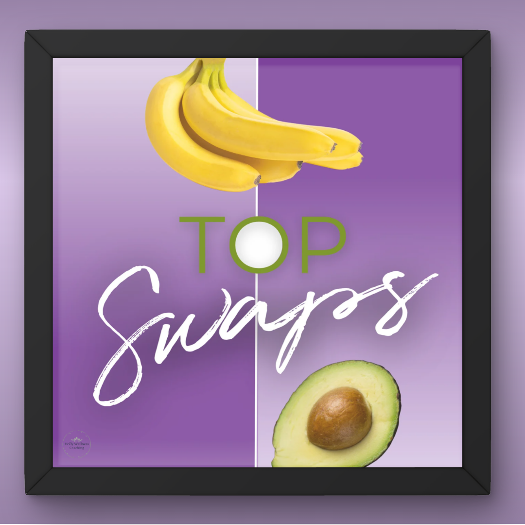A framed sign with a bunch of bananas at the top, half an avocado at the bottom, and the words 'Top Swaps' in the center on a purple background.
