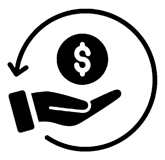 A simple black and white illustration of a hand holding a coin with a dollar sign, surrounded by a circular arrow indicating money flow or transfer.