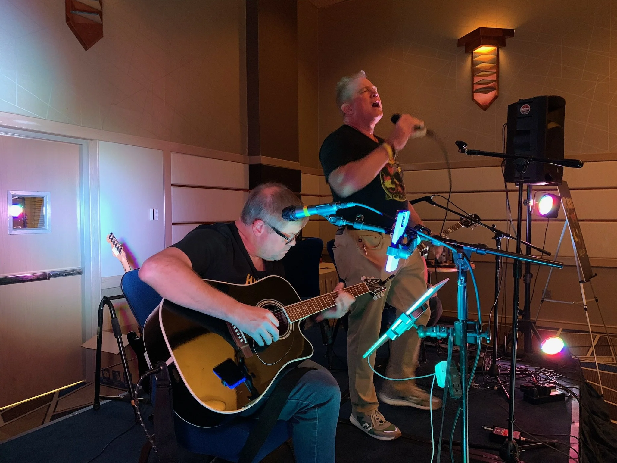 Two musicians performing on stage, one playing an acoustic guitar and the other singing into a microphone, with stage lighting and sound equipment.