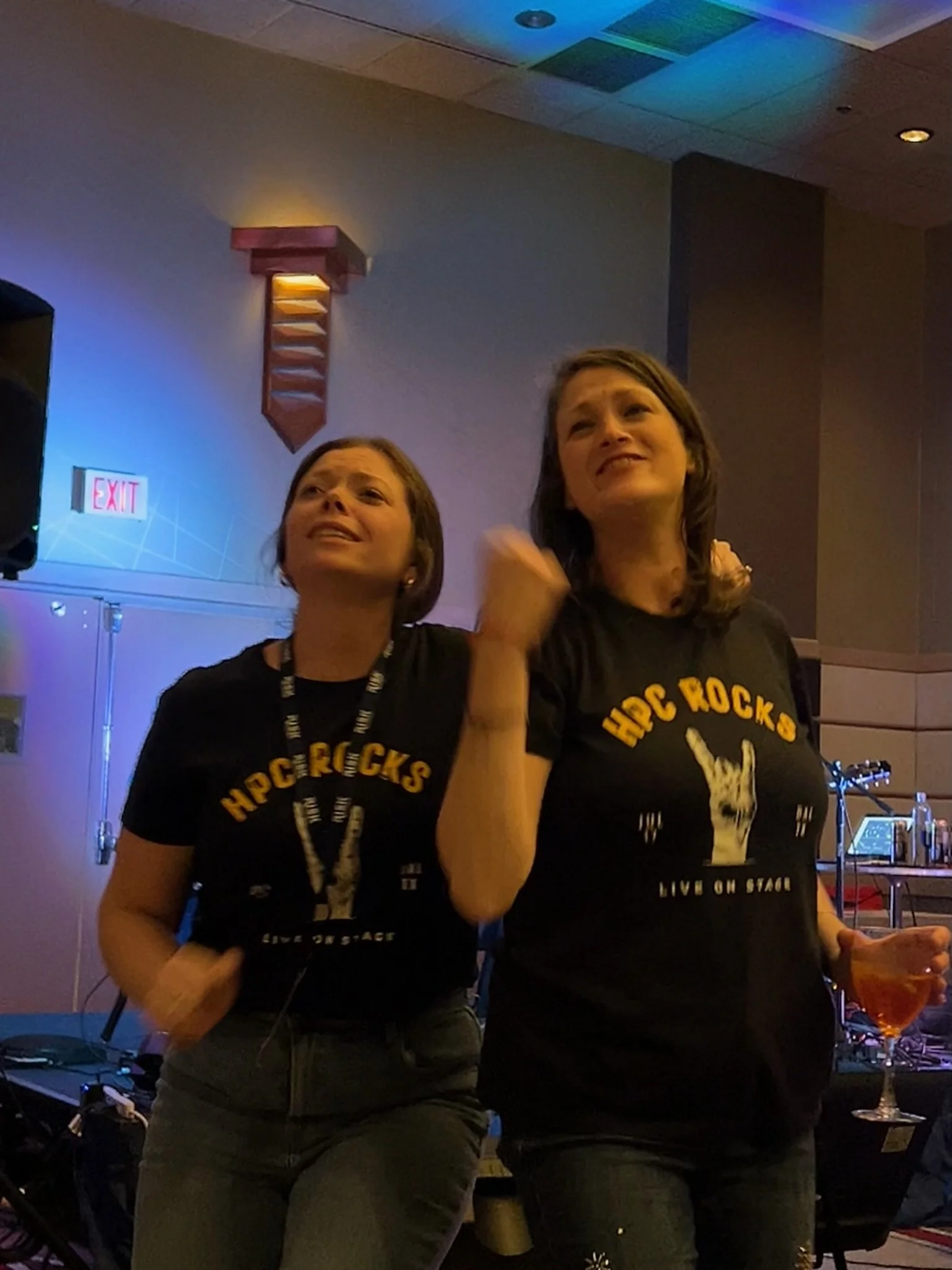 Two women wearing black 'HPC Rocks' T-shirts, standing on stage at a concert or event, appear to be enjoying themselves, with one holding a drink in her hand.