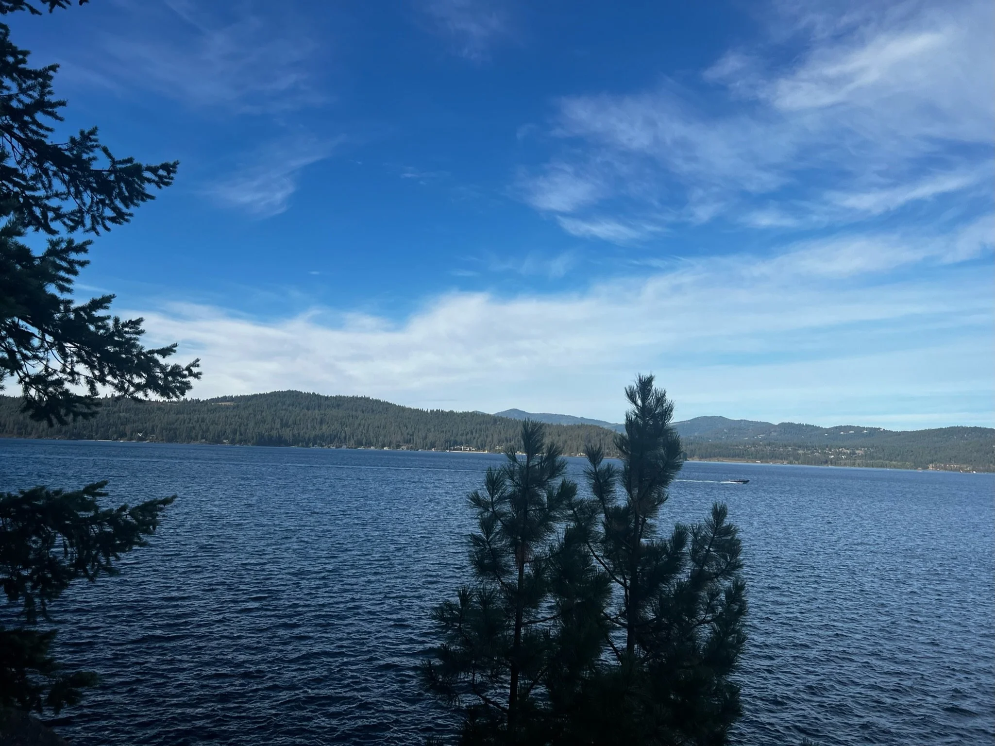 A scenic view of a lake with dark blue water, surrounded by green forested hills under a partly cloudy sky.