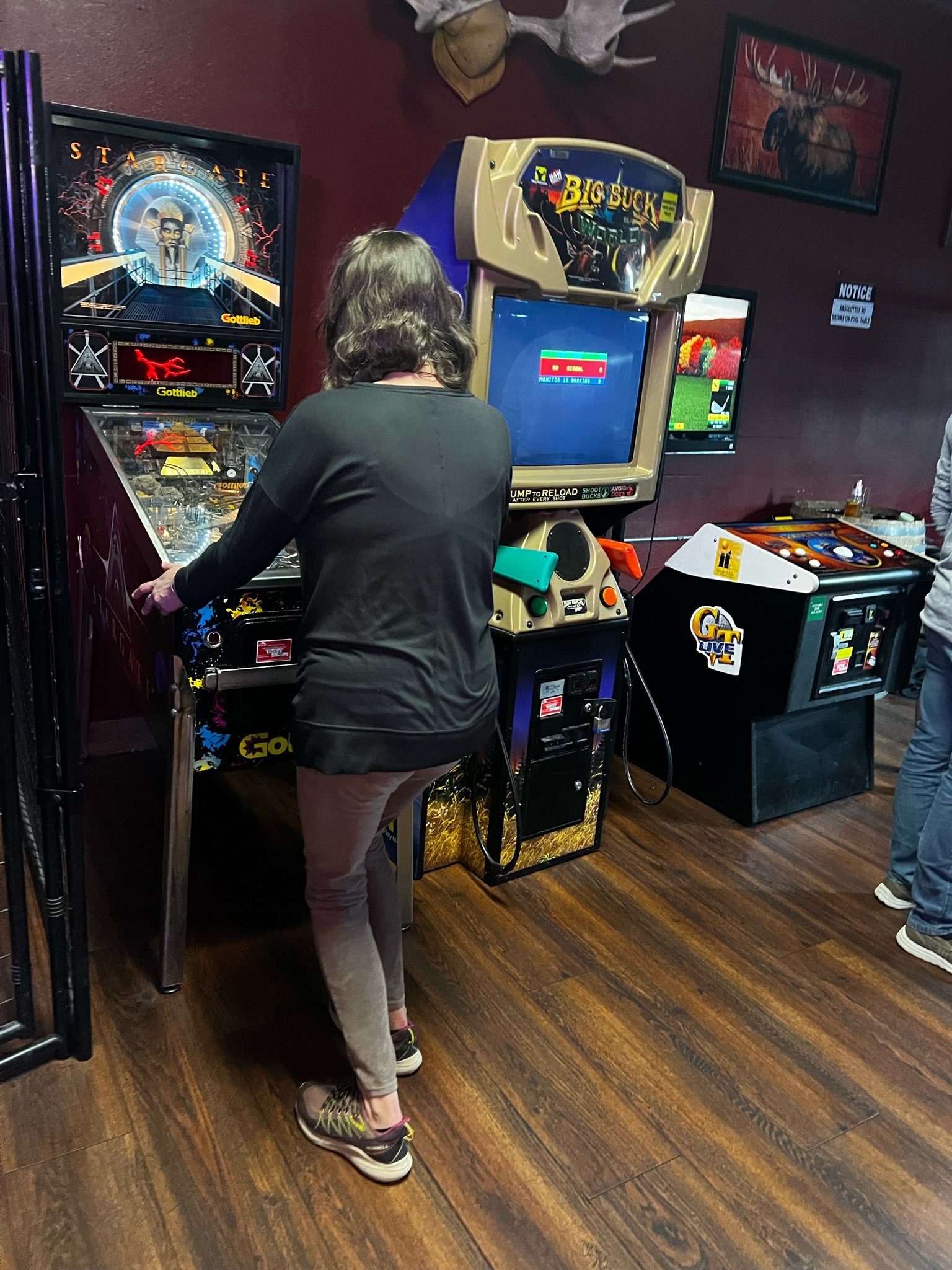 Person playing a pinball machine in arcade, next to a Big Buck Hunter arcade game, with a deer mounted on the wall and a framed deer print in the background.