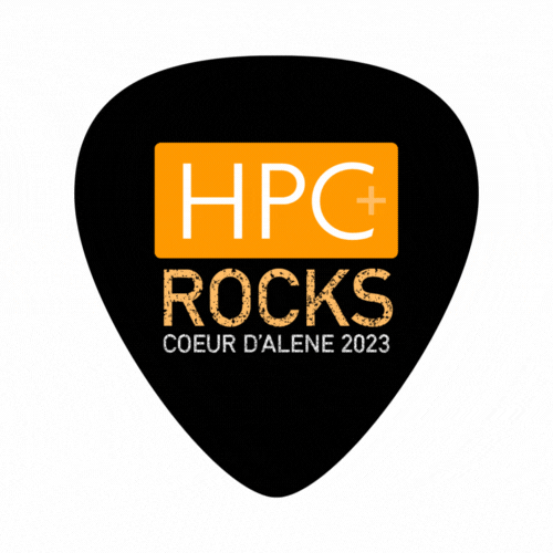 A guitar pick with the text 'HPC+ ROCKS COEUR D'ALENE 2023' and a black background.
