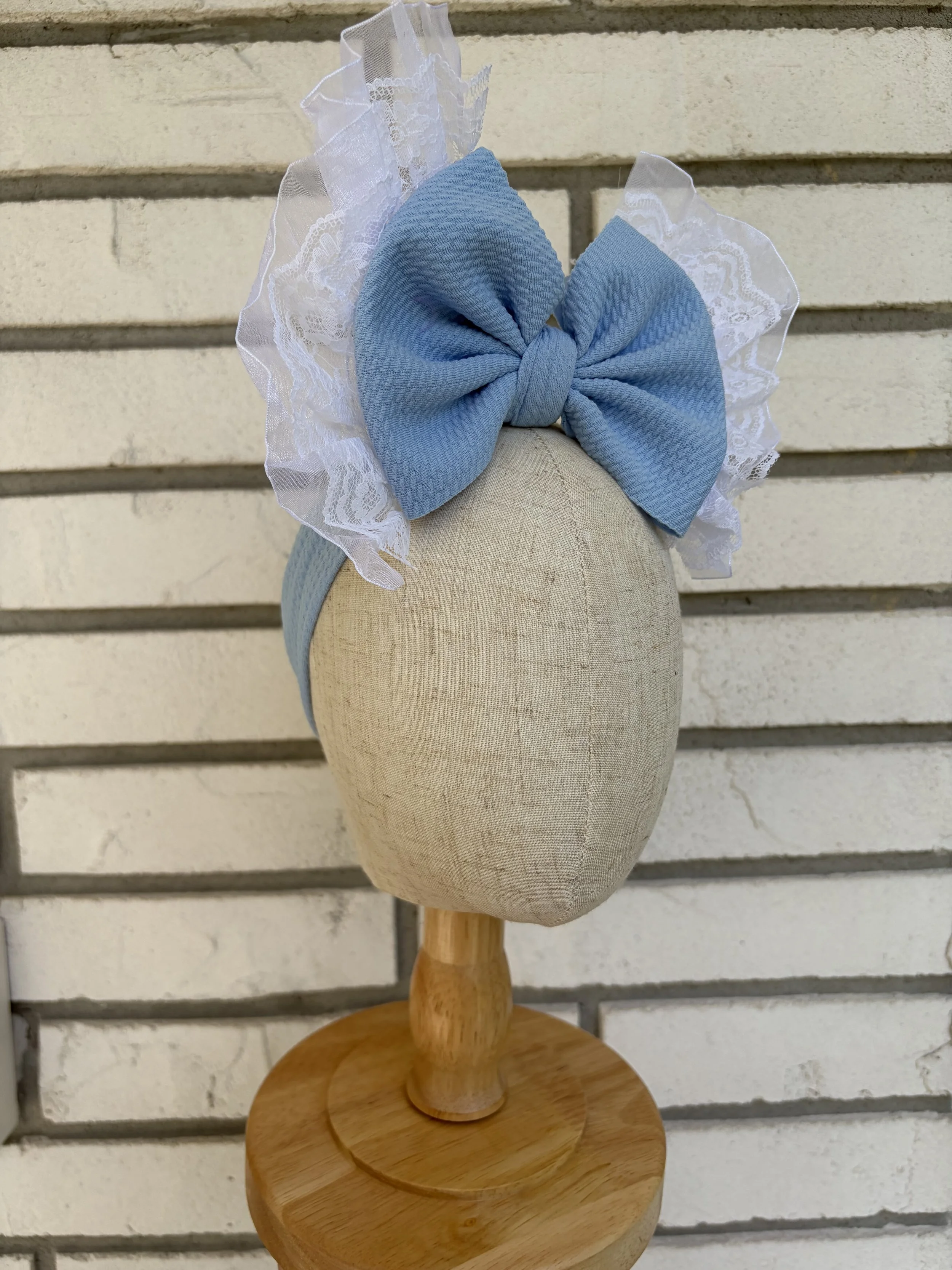 Blue Classic Head Wrap with White Frill