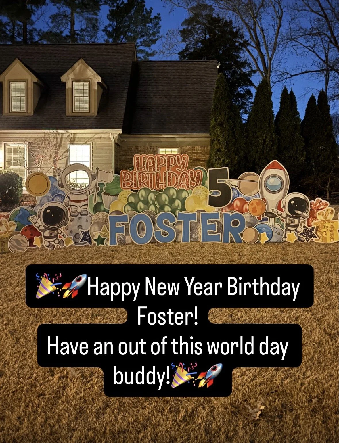 Decorative birthday yard sign celebrating Foster's 5th birthday with space and astronaut themes, featuring cartoon astronauts, rockets, planets, stars, and the words 'Happy Birthday 5 Foster'.