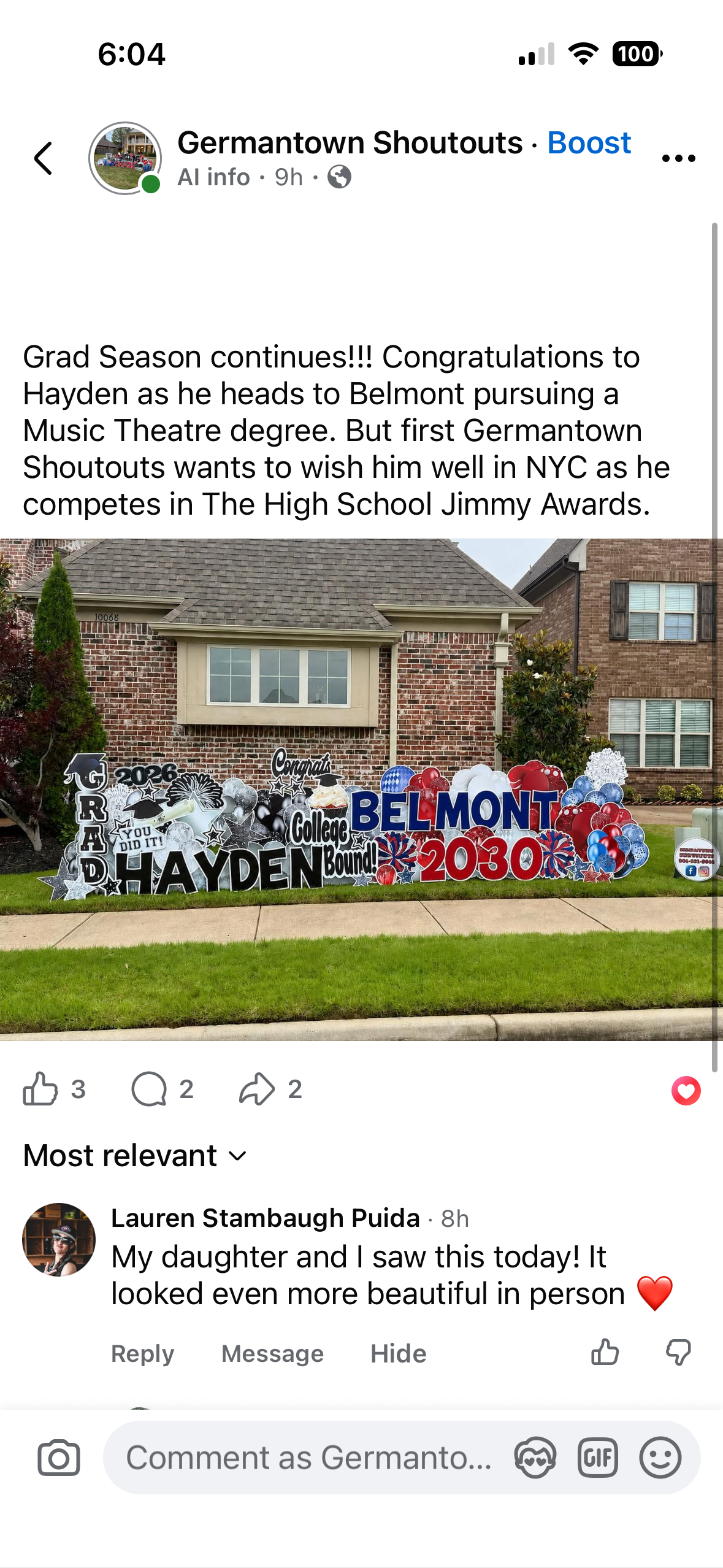 A yard display with large commemorative signs and balloons celebrating Hayden's graduation from college in Belmont, 2030.
