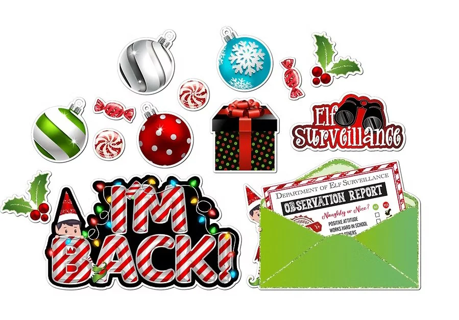 Christmas-themed items including ornaments, holly, candy, and elves, along with a gift box, surveillance report, and a holiday message that says "I'm Back!".