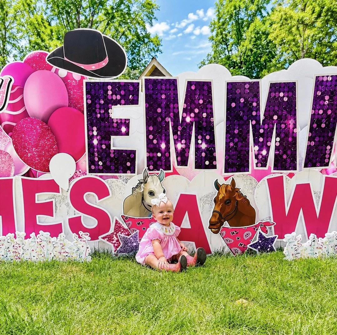 A young girl in a pink dress sitting on grass in front of a colorful birthday party backdrop with balloons, horse illustrations, and the name 'EMMI' in large purple and pink letters.