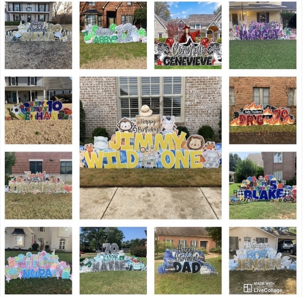Collage of various lawn birthday decorations with colorful signs and graphics for different ages and occasions.