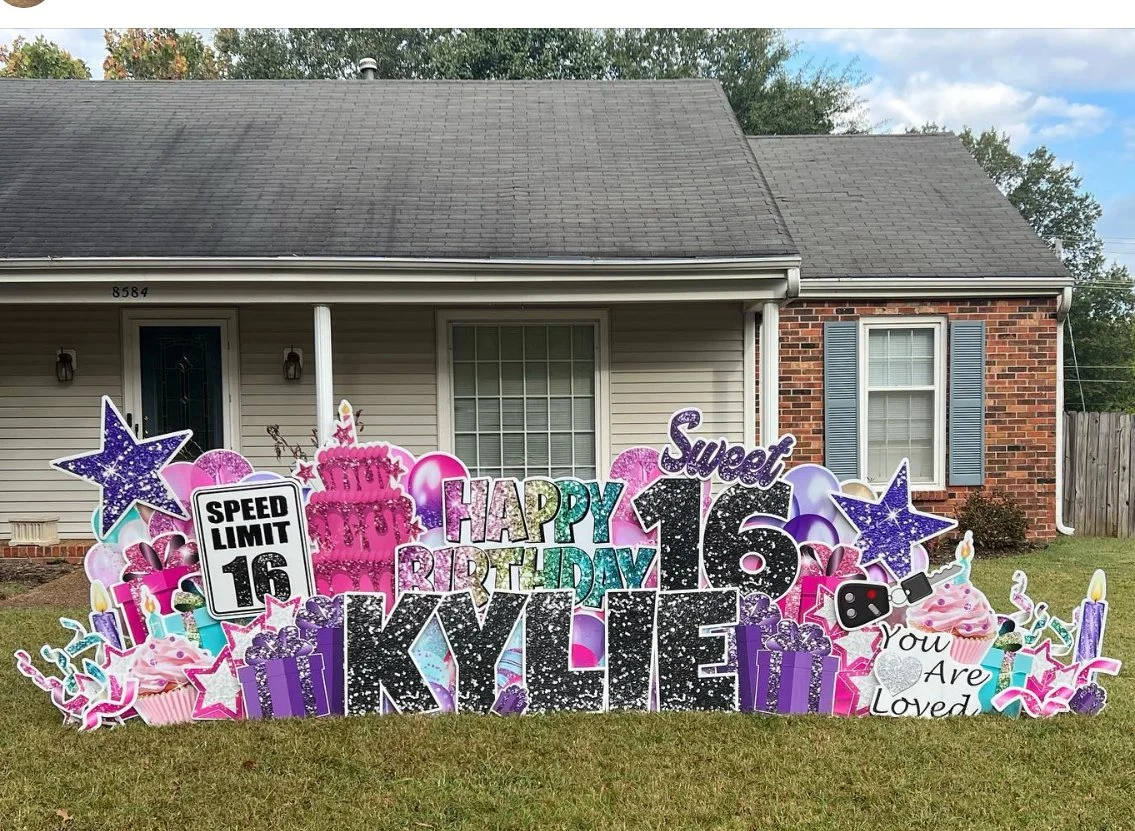 Colorful birthday yard sign for Kylie with birthday and celebration-themed decorations, including stars, cupcakes, balloons, and a large number 16.