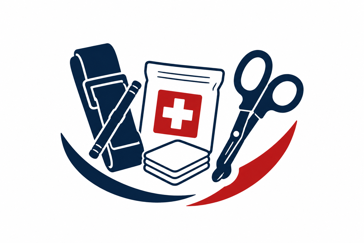 Graphic of first aid supplies including a backpack, a medicine packet with a red cross, a pair of scissors, a pen, and a rolled-up bandage, arranged in a semi-circle with a red and blue curved line underneath.
