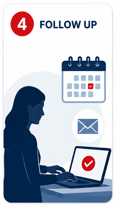 Illustration of a person working on a laptop, with a calendar showing a marked date, an email icon, and a large checkmark on the screen, indicating a follow-up task.