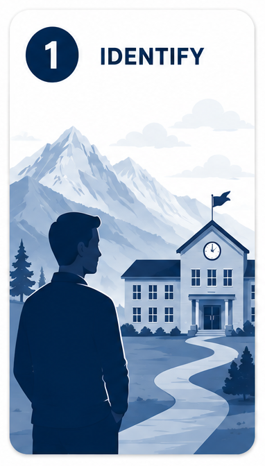 A person standing outside a school building with a clock, flag, and mountain range in the background, with the number 1 and the word 'Identify' at the top.