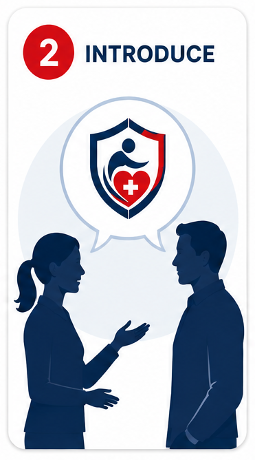Two people talking with a health shield icon above them containing a heart and a medical cross.