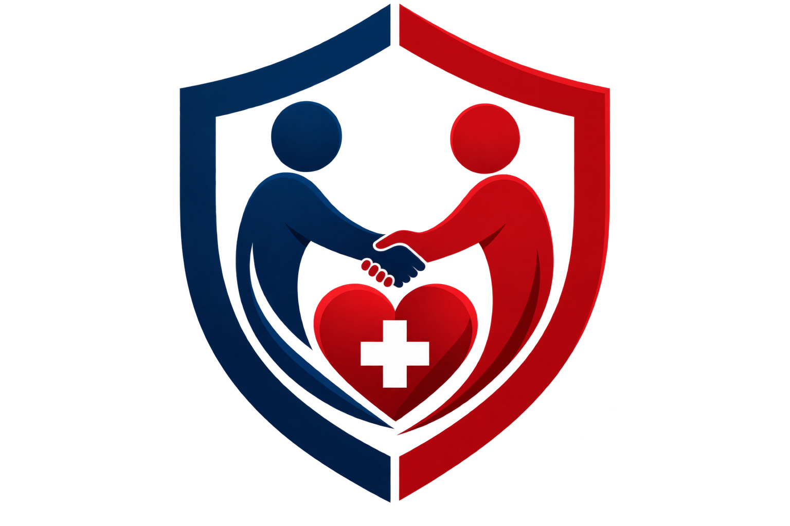 Illustration of two stylized human figures shaking hands inside a heart with a white cross, divided into blue and red halves with a shield outline.
