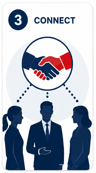 Step 3 of a guide showing the importance of connecting with others, featuring an icon of a handshake and three business people in silhouetted profile.