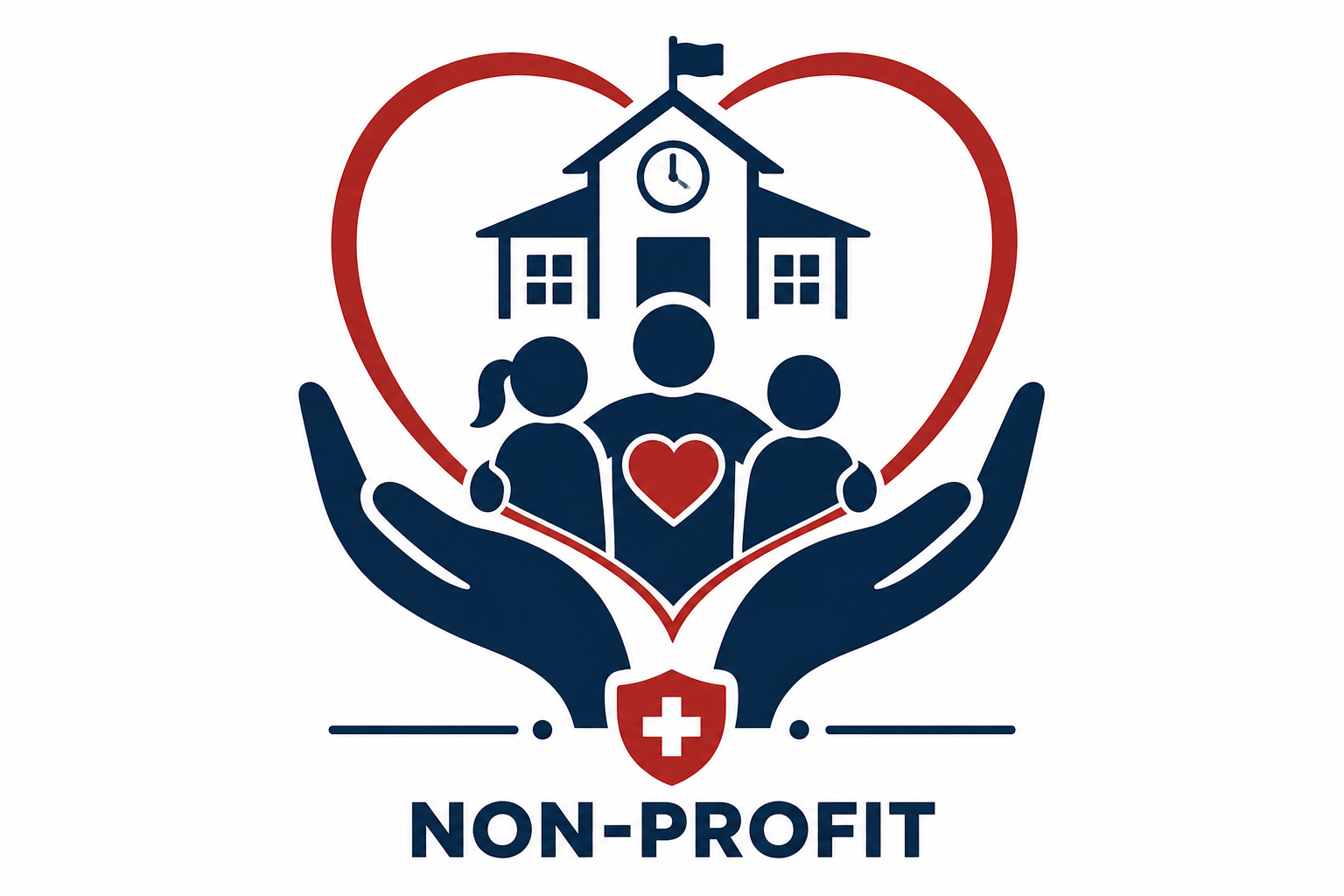 Illustration of hands surrounding a family, a house with a clock, and a red heart, with a heart-shaped frame and a shield with a cross at the bottom, and the word 'NON-PROFIT' underneath.