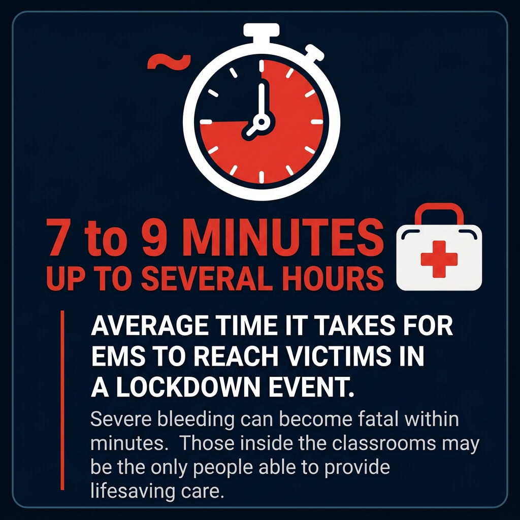A graphic with a stopwatch showing 7 to 9 minutes, a medical kit with a red cross, and text highlighting that EMS reaches victims in a lockdown event within 7 to 9 minutes on average, but can take up to several hours. The text warns that severe bleeding can be fatal within minutes and that only people inside classrooms may provide lifesaving care.