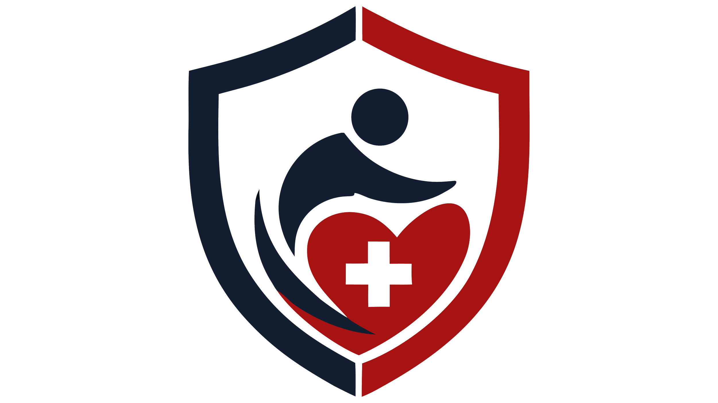 A shield-shaped emblem with a human figure reaching toward a heart and cross symbol, in navy blue and red colors.