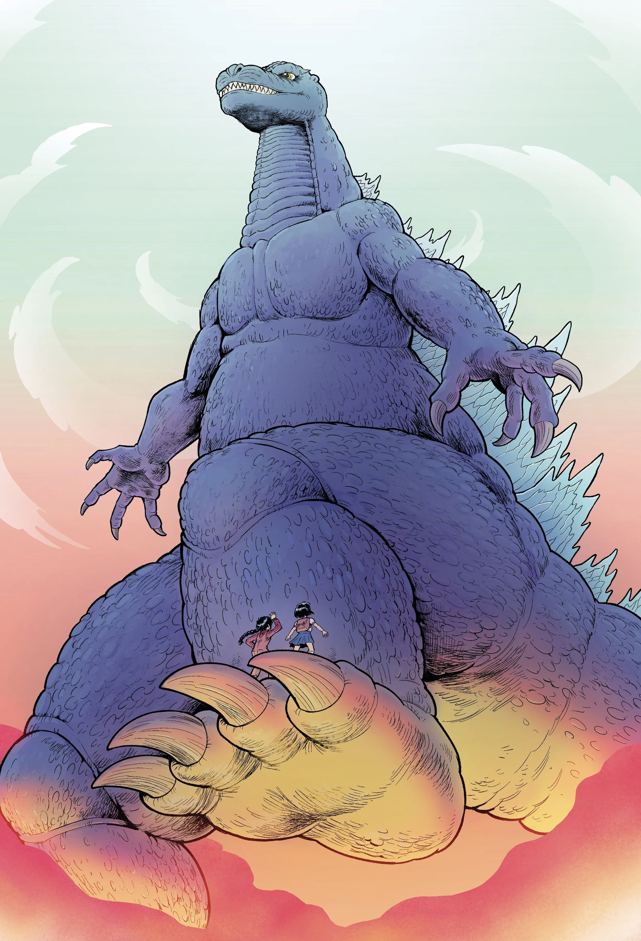 Godzilla towering over two people standing on its foot, with a gradient sky background.