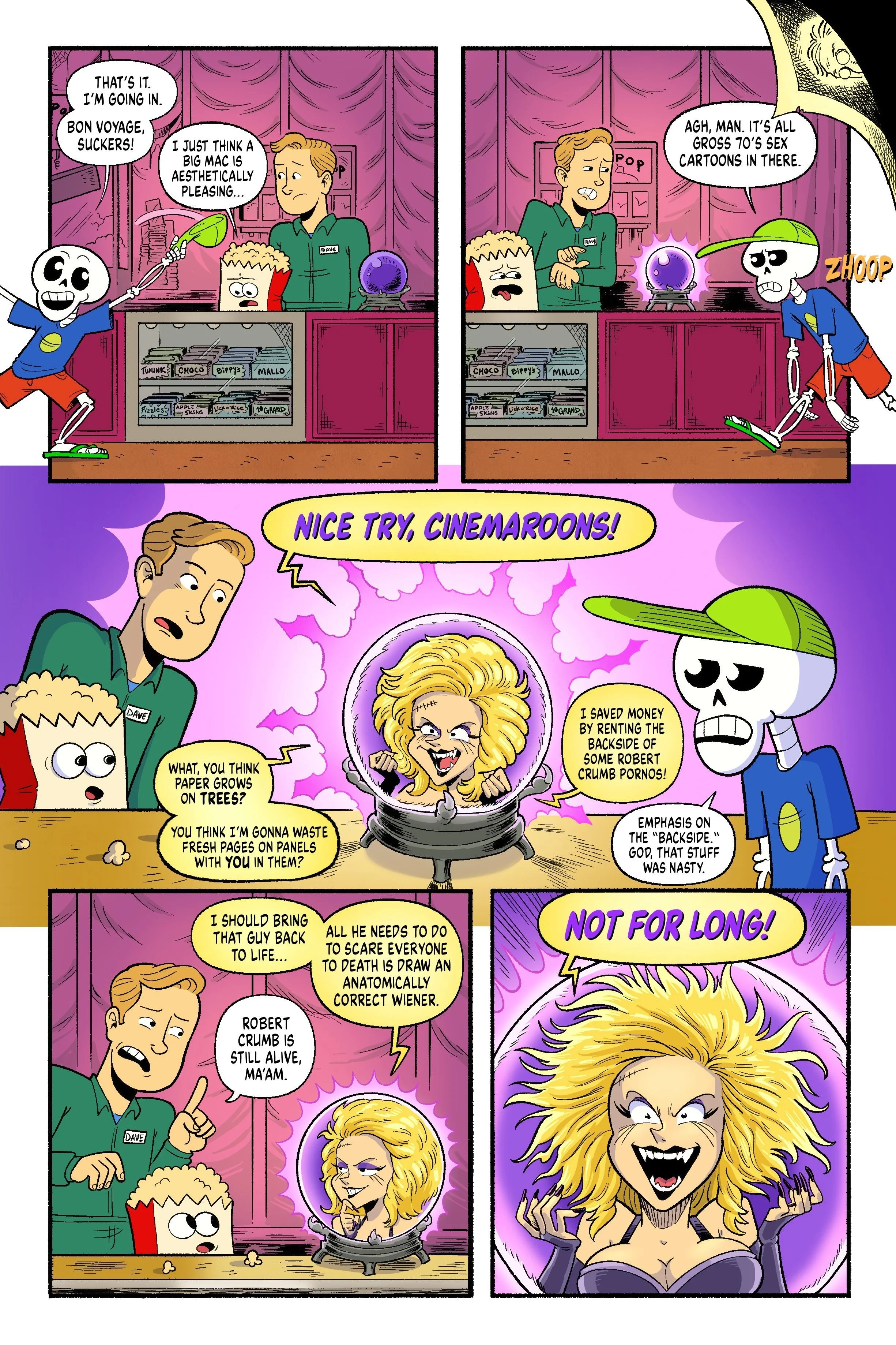 Comic strip featuring characters talking at a candy store counter with a purple crystal ball. One character discusses a movie, another comments on the content in cartoons, and a psychic woman with wild, blonde hair appears for a reading.