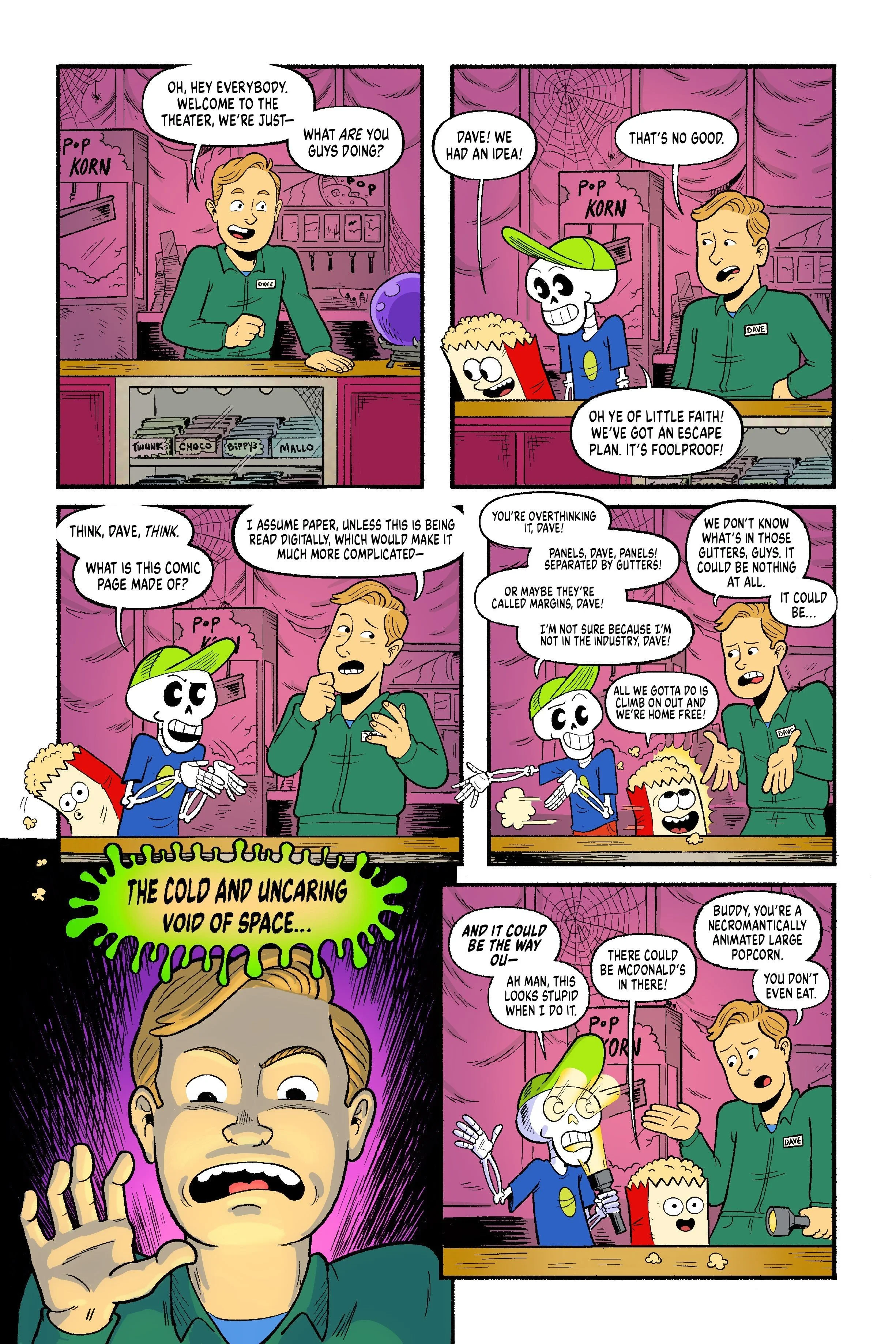 Comic strip with characters in a theater, discussing ideas and comic pages, featuring skeleton, boy, and man with dialogue about space and popcorn, set against a pink background with spider webs and cobwebs.