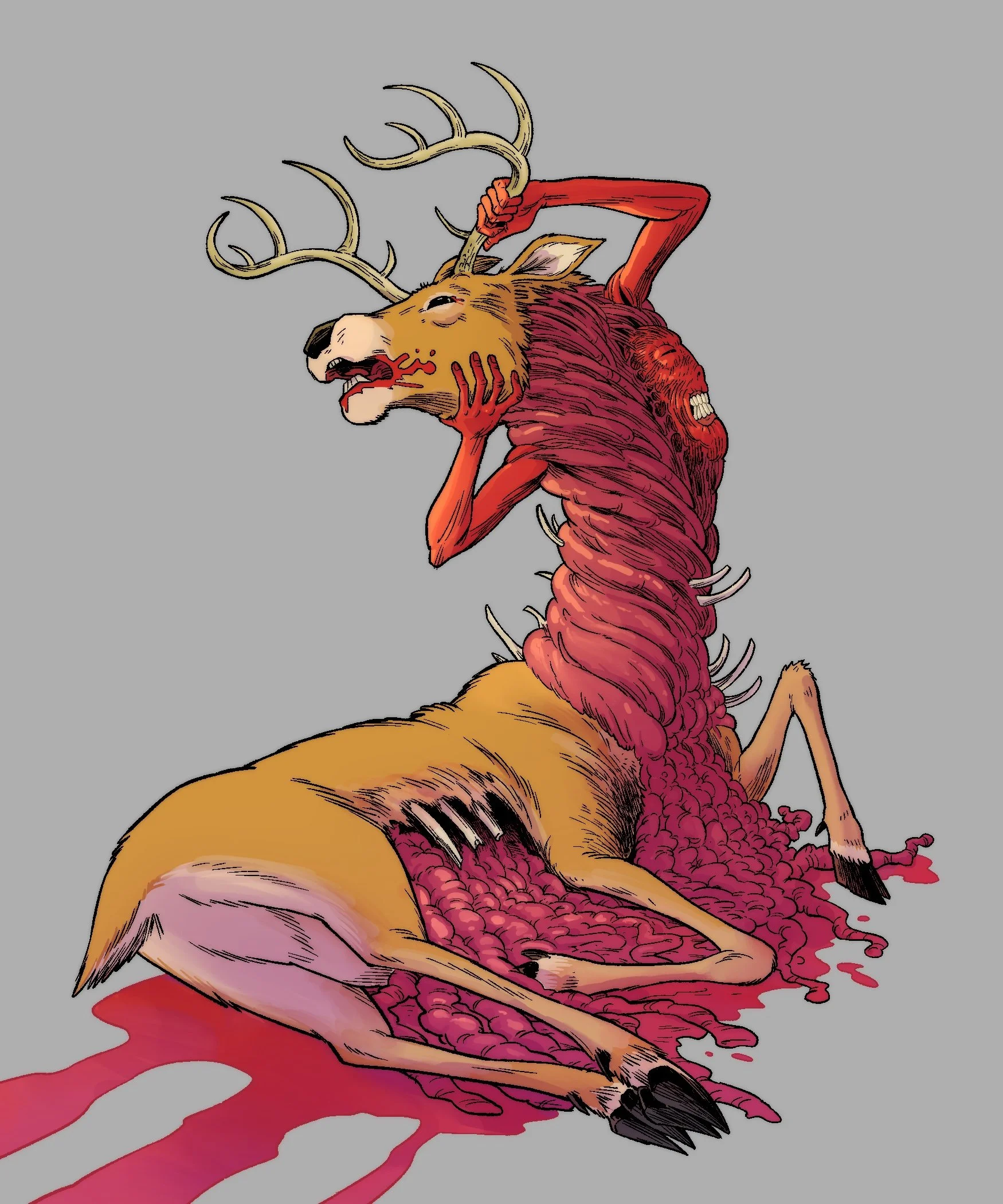 A fantasy illustration of a mythical creature that combines a deer's head with large antlers and a body of a demonic creature with a furred tail and blood pooling around it.