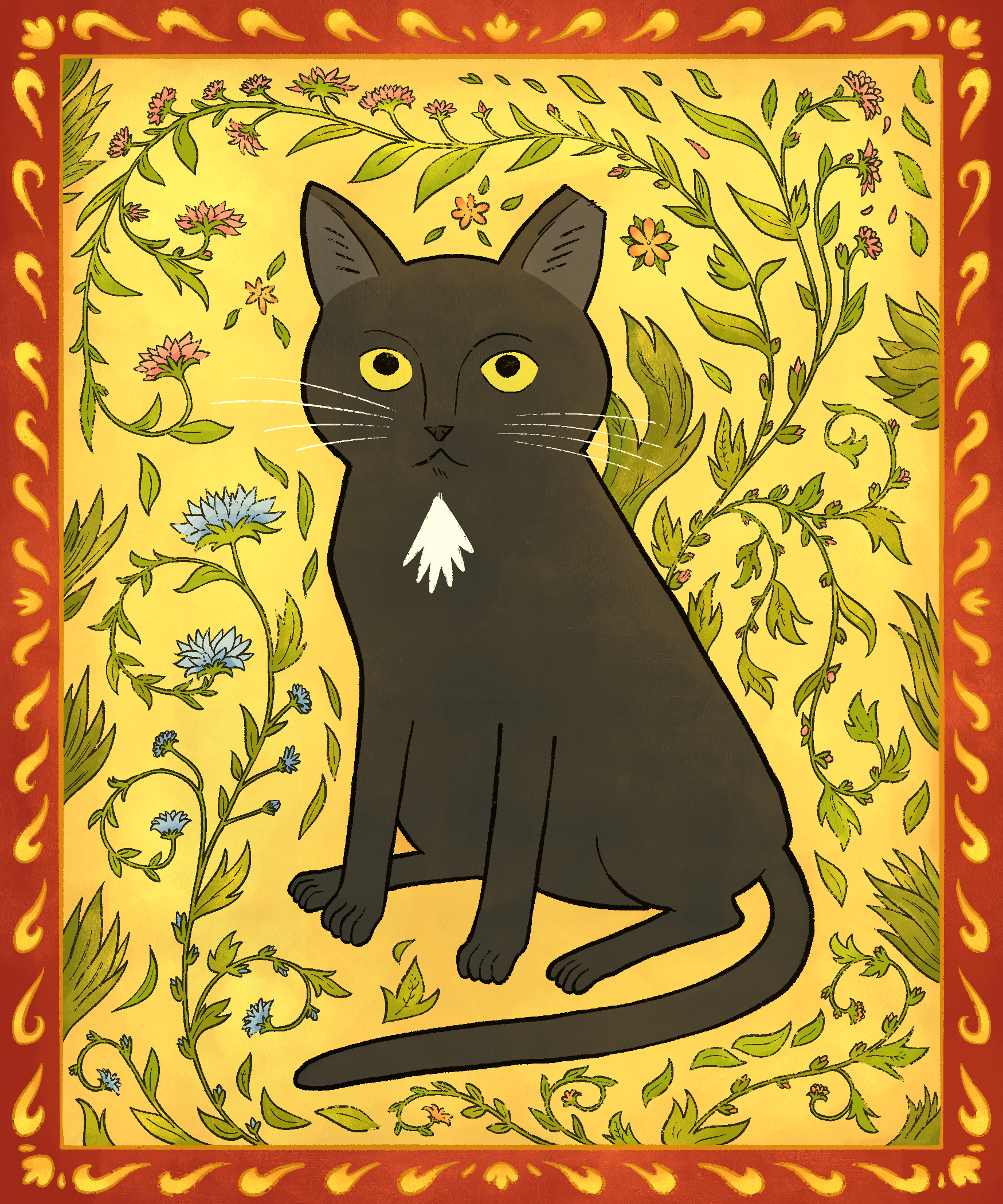 A medieval illustration of a black cat with yellow eyes sitting on a yellow background decorated with pink and blue flowers and green leaves, framed with a red and gold ornate border.