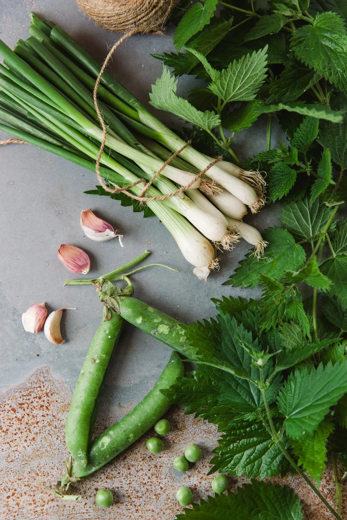 Vegetables, herbs, and aromatics.