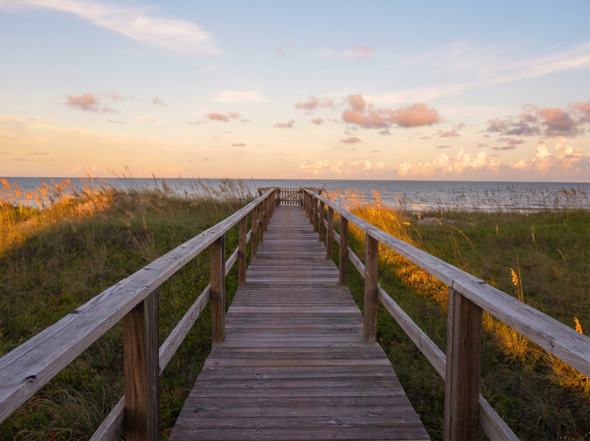 A wooden boardwalk leading to the beach with grassy dunes on either side under a partly cloudy sky