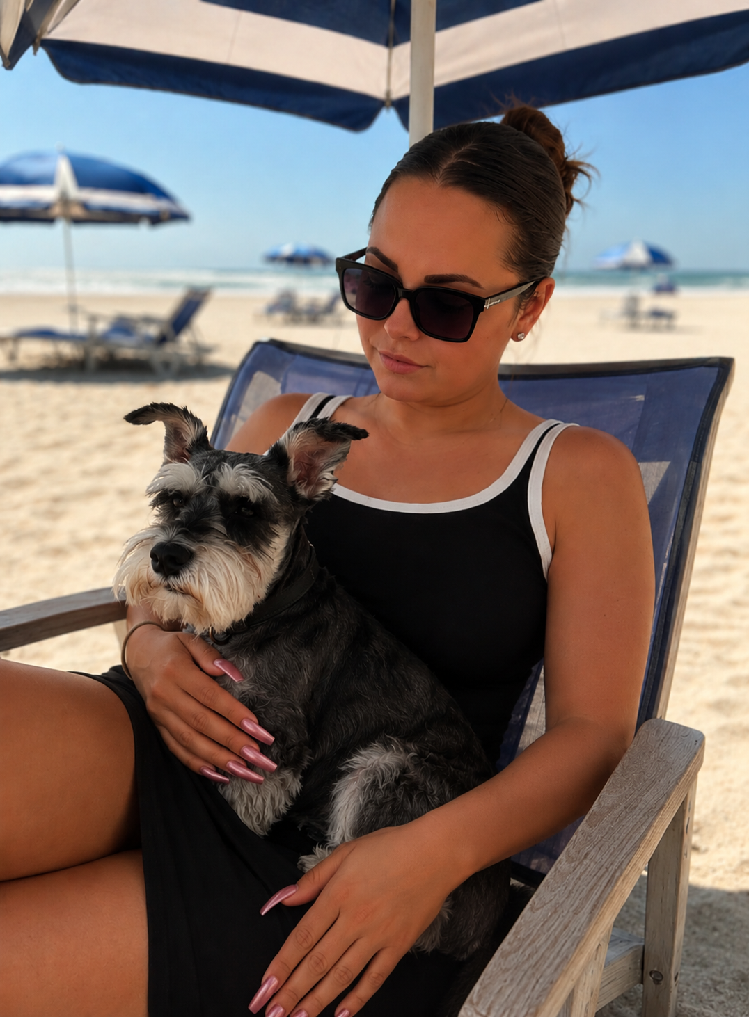 A woman in sunglasses sitting on a beach chair holding a small Schnauzer dog with a black and gray coat.