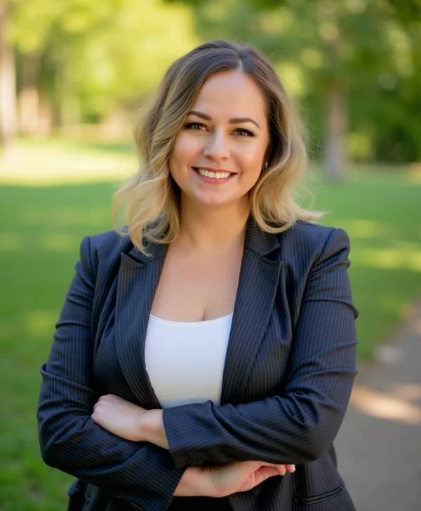 A smiling woman with blonde hair wearing a black blazer and white top standing outdoors in a park with green trees in the background.
