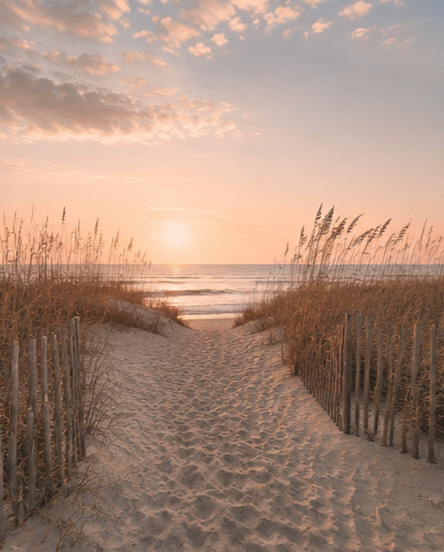 Sunset over the ocean viewed through a sandy beach pathway flanked by tall grasses and wooden fences.