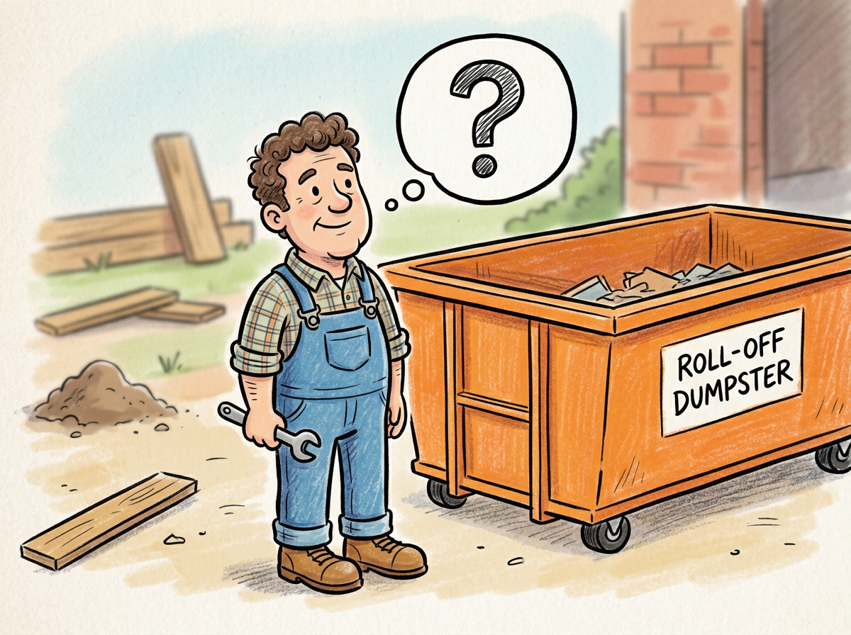 A man with a wrench standing next to a roll-off dumpster labeled "ROLL-OFF DUMPSTER," with some wood debris and a pile of dirt around him, outdoors with a brick wall and fence in the background, looking confused with a question mark in a thought bubble.