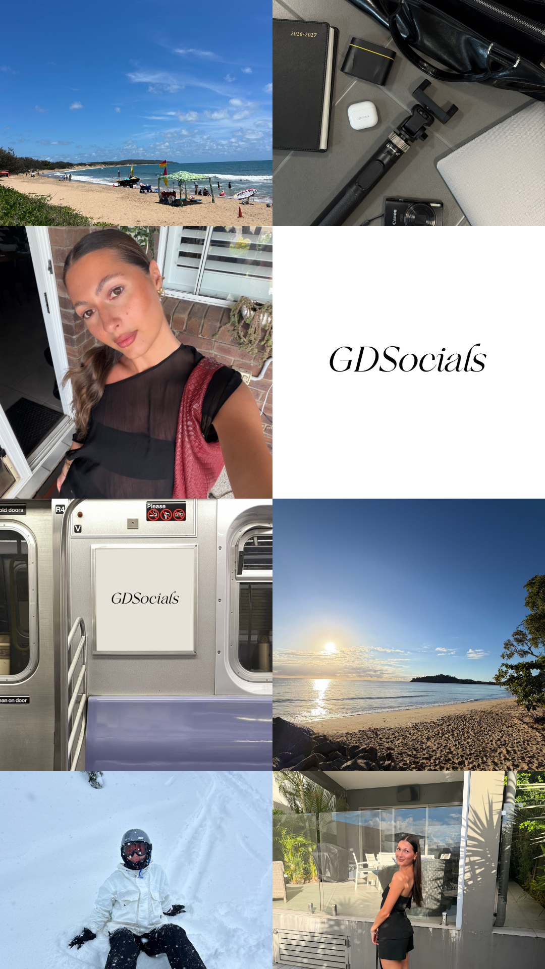 Collage of travel and leisure scenes, including a beach with umbrellas and boats, a woman taking a selfie outside a house, a subway train with 'GDSocials' written on a panel, a sunset over the ocean, a person in snow gear in the snow, and a woman in a black dress at an outdoor patio.