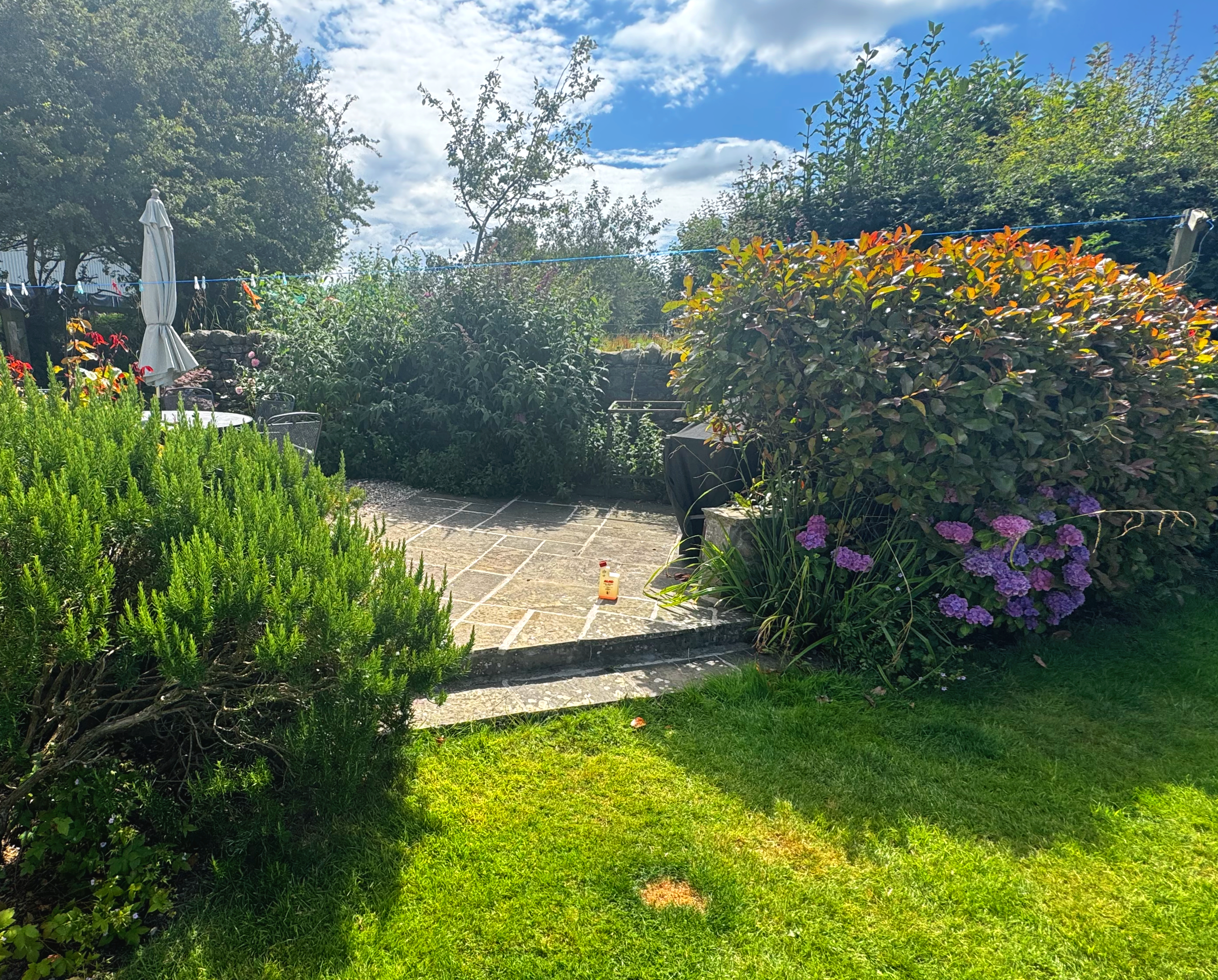 A lush garden with green grass, various plants, and colorful flowers, with a stone pathway and a patio area with tables and an umbrella, under a partly cloudy sky.