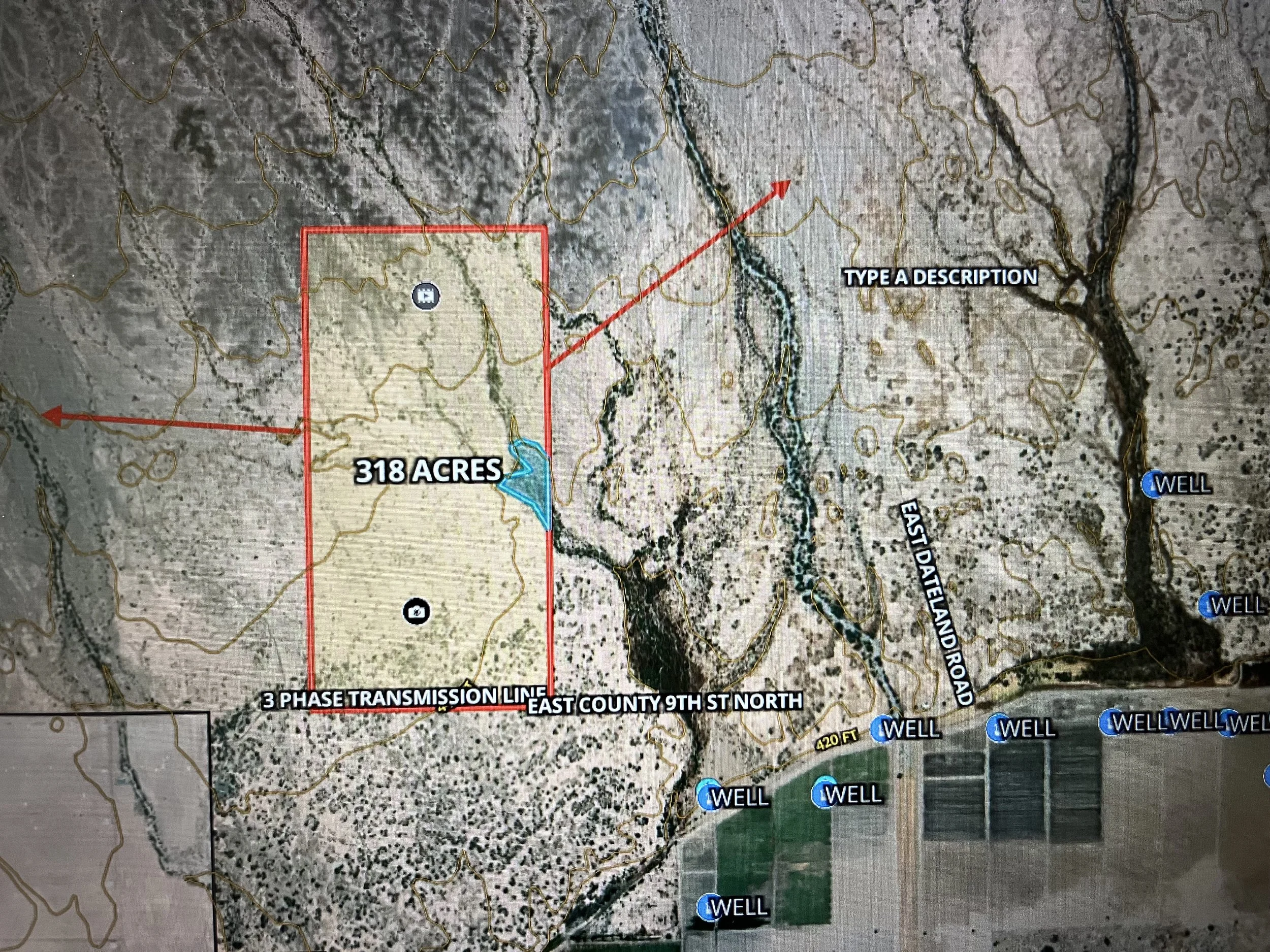 A map showing a 318-acre land area outlined in red with a 3 phase transmission line and multiple well locations marked. Land access off of Palomas Highway onto East Dateland Road and right on County 10th Street (North Border).